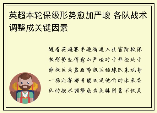 英超本轮保级形势愈加严峻 各队战术调整成关键因素 英超本轮保级形势愈加严峻 各队战术调整成关键因素